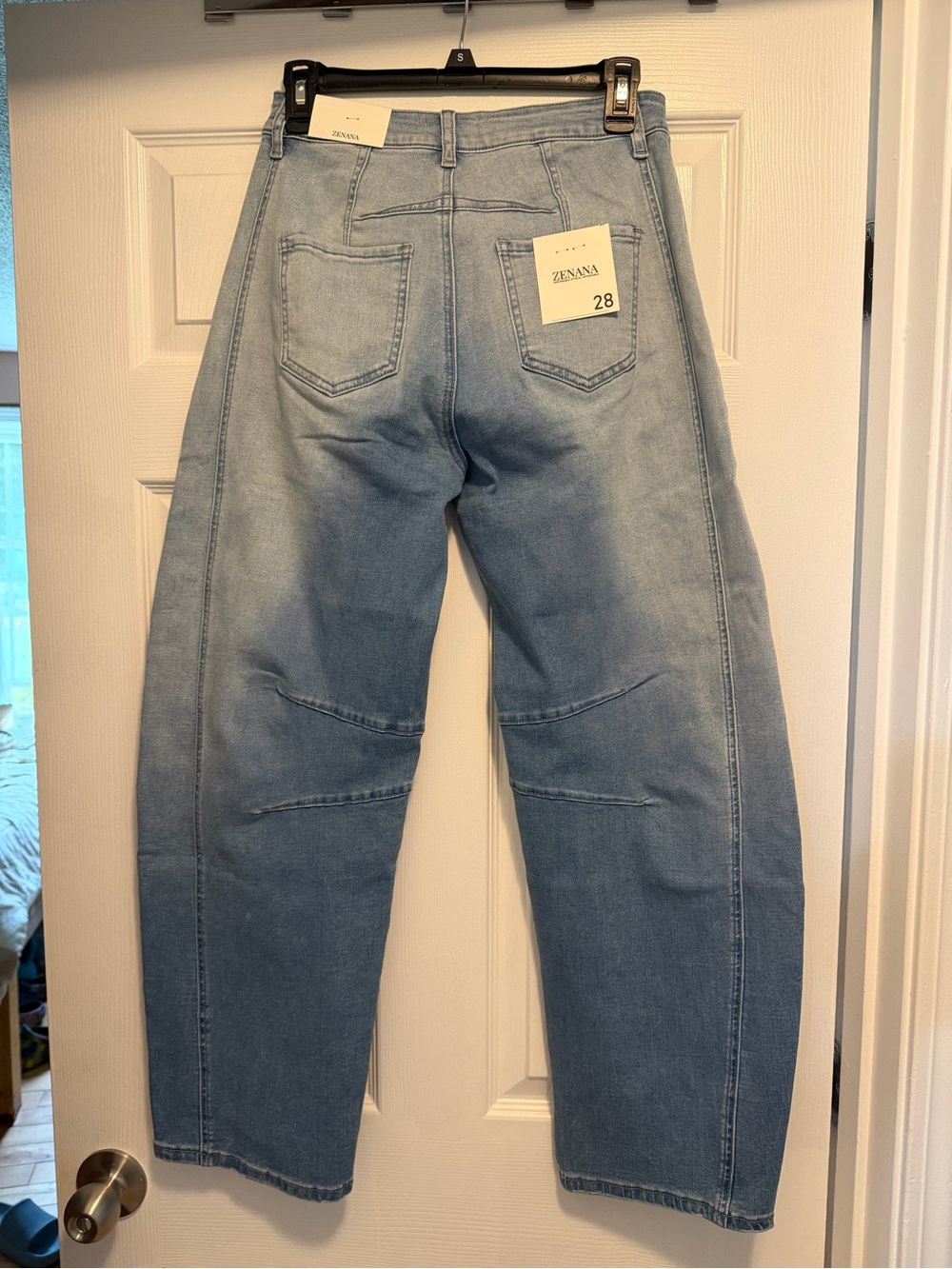 Zenana Outfitters Light Blue Barrel Jeans with Stretch - Picture 2 of 10
